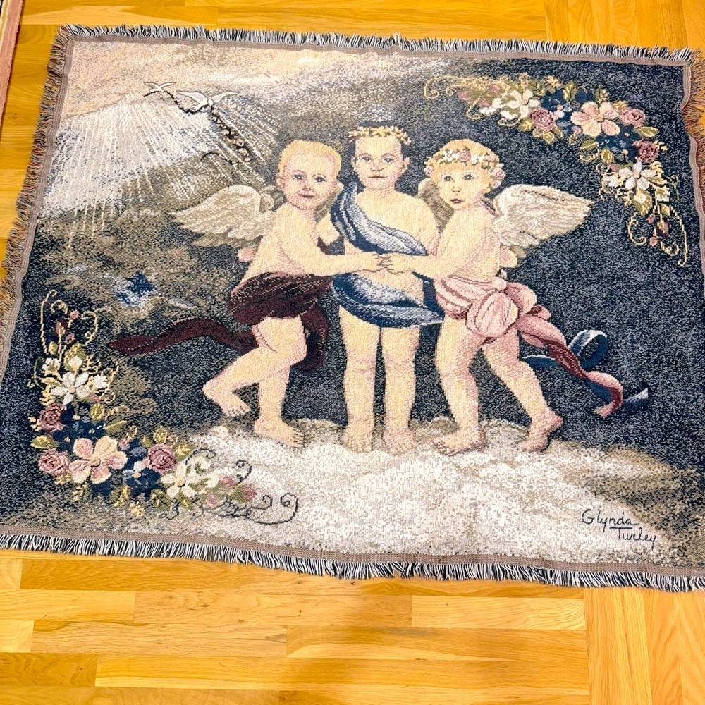 Vintage GLYNDA TURLEY  Floral Woven Tapestry Throw Blanket 66x46 inch